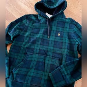 Ralph lauren men green plaid pile fleece hoodie gold pony size small